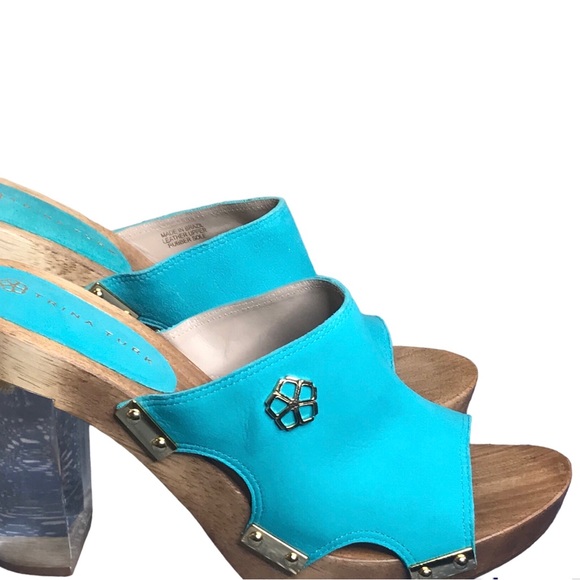 TRINA TURK Turquoise Suede Lucite Block Heel Wood Platform Mule Sandal 8.5 - Picture 6 of 10